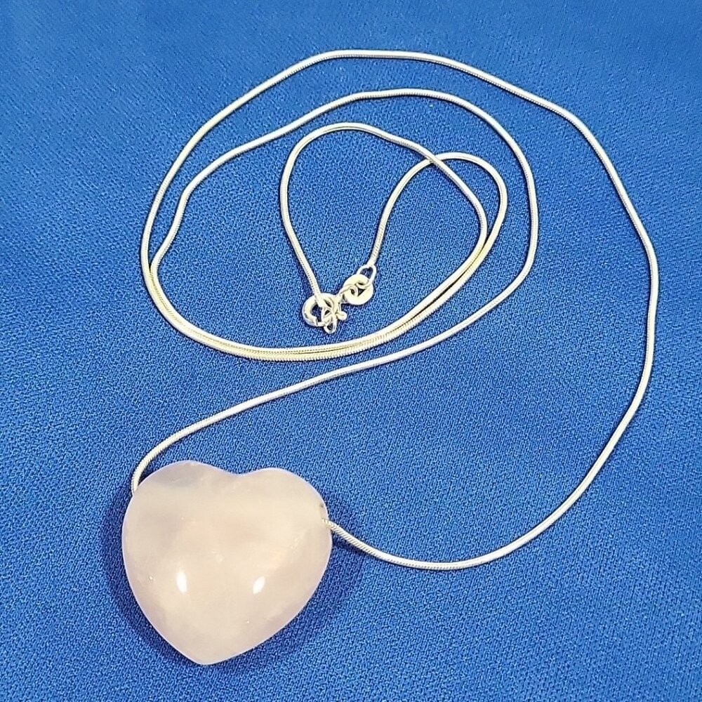 Rose Quartz Heart Stone Pendant Necklace 925 Silver Chain Long Drop